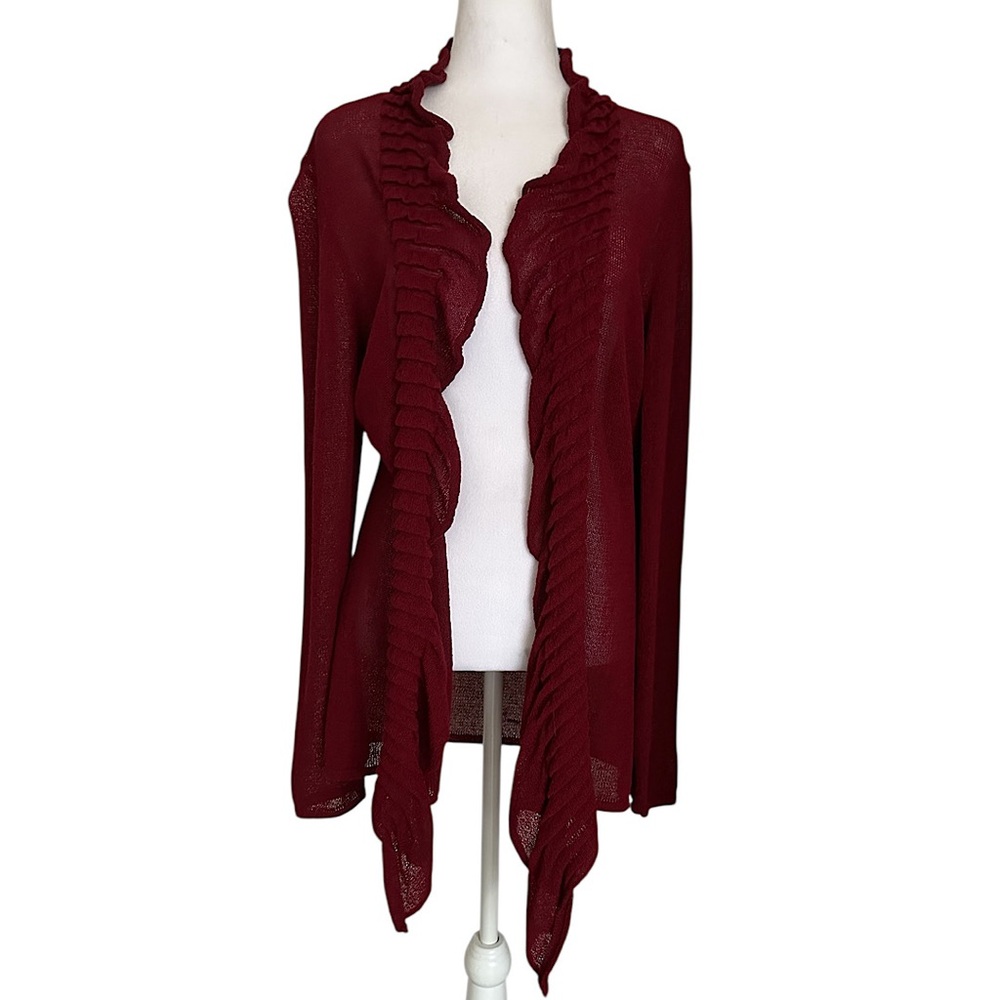 Eileen Fisher Open Front Cardigan Sweater Women’s Size L Burgundy Knit Scalloped